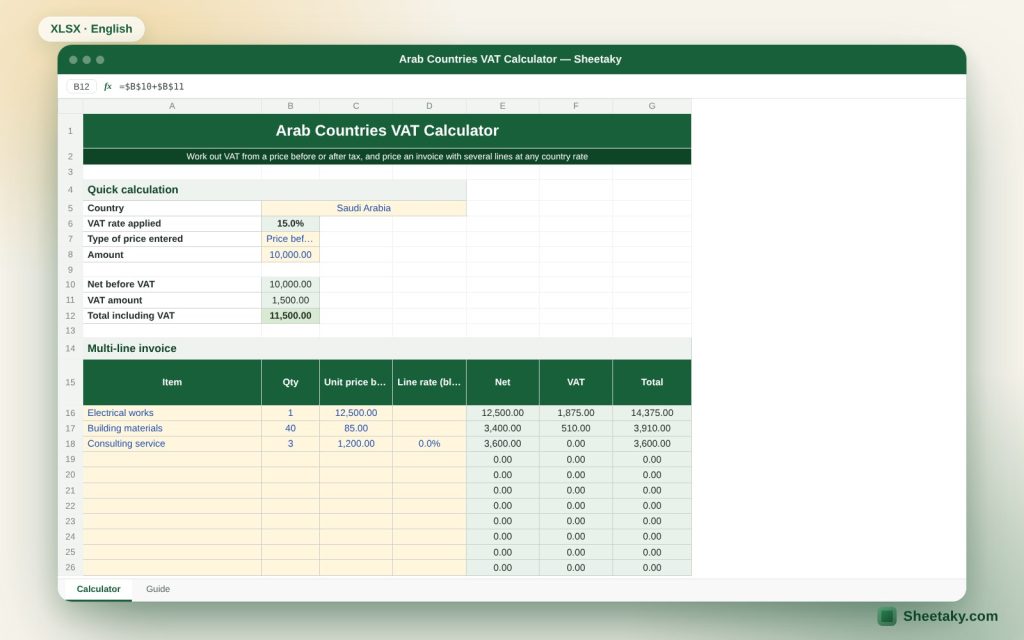 Arab Countries VAT Calculator in Excel: From a Price Before or After Tax