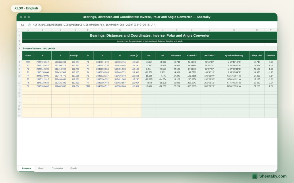 Bearing, Distance and Coordinate Calculator in Excel: Inverse, Polar and Angle Converter