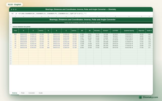 Bearing, Distance and Coordinate Calculator in Excel: Inverse, Polar and Angle Converter