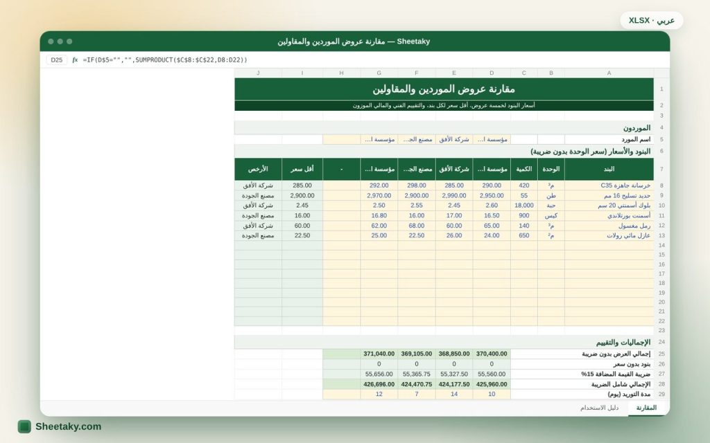 شيت مقارنة عروض أسعار الموردين والمقاولين بالإكسل مع تقييم موزون