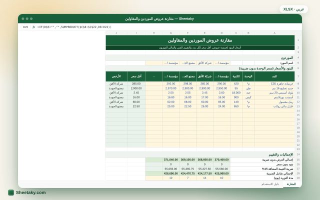 شيت مقارنة عروض أسعار الموردين والمقاولين بالإكسل مع تقييم موزون