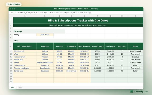 Bills & Subscriptions Tracker in Excel with Due Date Alerts