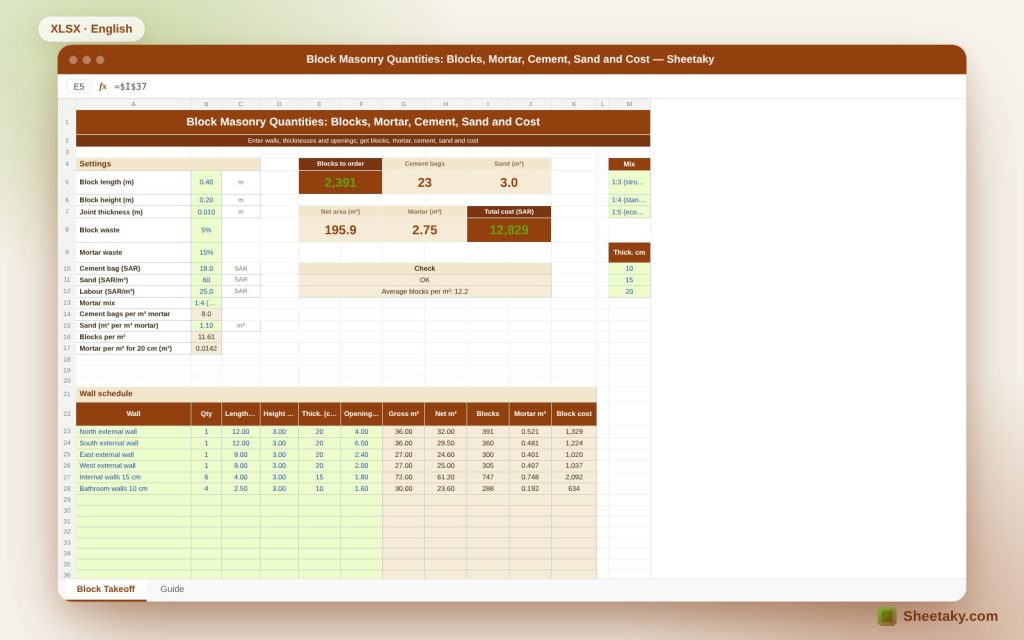 Block Masonry Takeoff in Excel: Blocks, Mortar, Cement, Sand and Cost