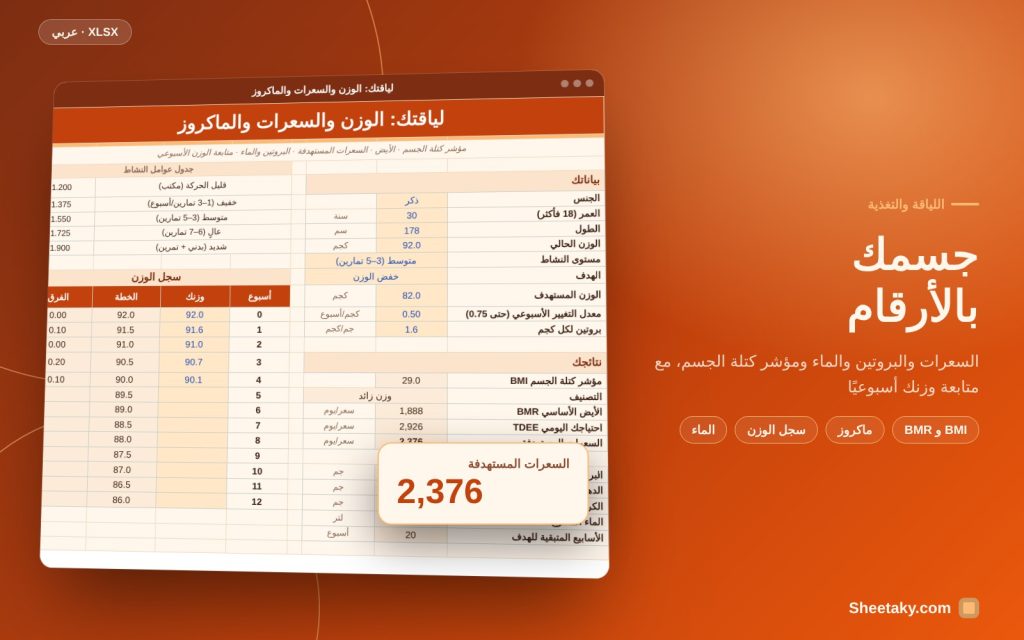 خطة الجسم والسعرات في إكسل: BMI وBMR والسعرات المستهدفة والبروتين والماء مع سجل الوزن