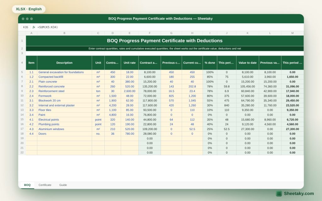Interim Payment Certificate from a BOQ in Excel: Retention, Advance, Deductions, VAT and Net Due