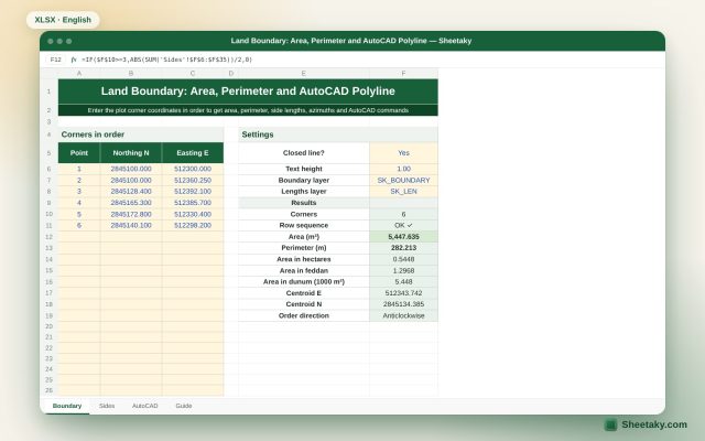 Land Area and Perimeter from Coordinates in Excel, with an AutoCAD Polyline and Side Lengths
