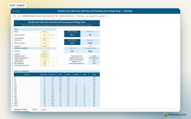 Breaker and Cable Selection Sheet in Excel: Derating, Voltage Drop and Breaking Capacity