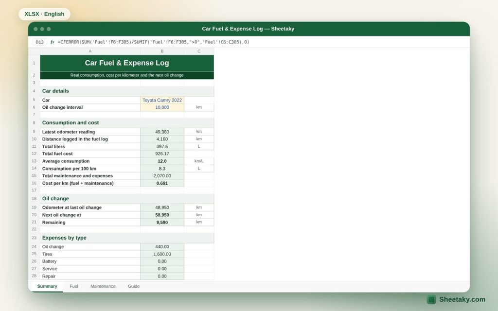 Car Fuel & Expense Log in Excel: Real Consumption and Cost per km