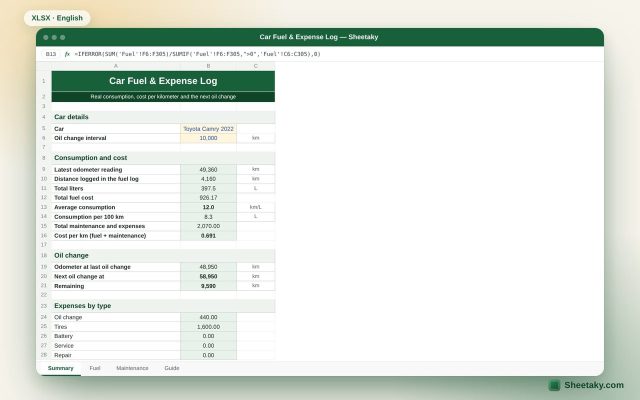 Car Fuel & Expense Log in Excel: Real Consumption and Cost per km