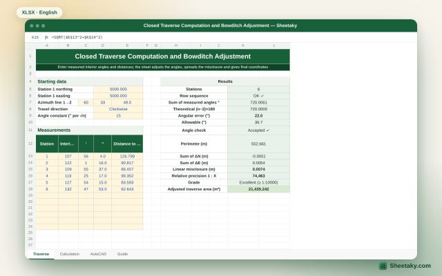 Closed Traverse Computation and Bowditch Adjustment in Excel: Angles, Azimuths, Coordinates and Closure