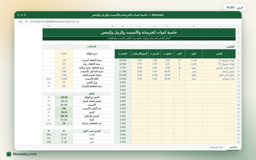 حاسبة كميات الخرسانة والأسمنت والرمل والبحص بالإكسل (عدد الأكياس والخلاطات)