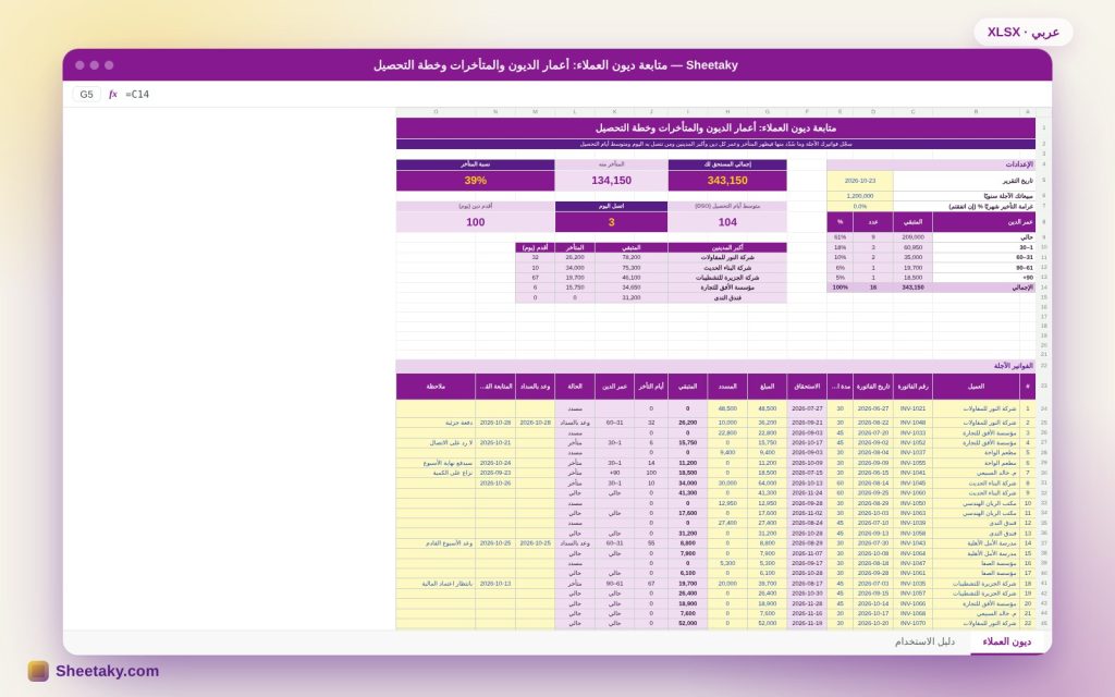 شيت متابعة ديون العملاء في إكسل: أعمار الديون والمتأخرات وخطة التحصيل