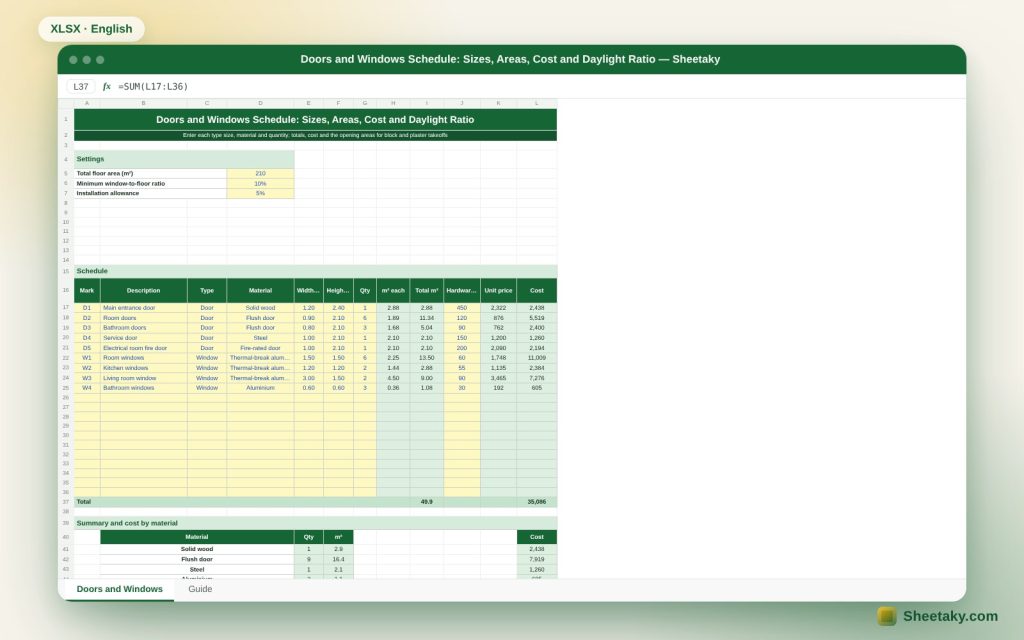 Doors and Windows Schedule in Excel: Sizes, Areas, Cost and Daylight Ratio