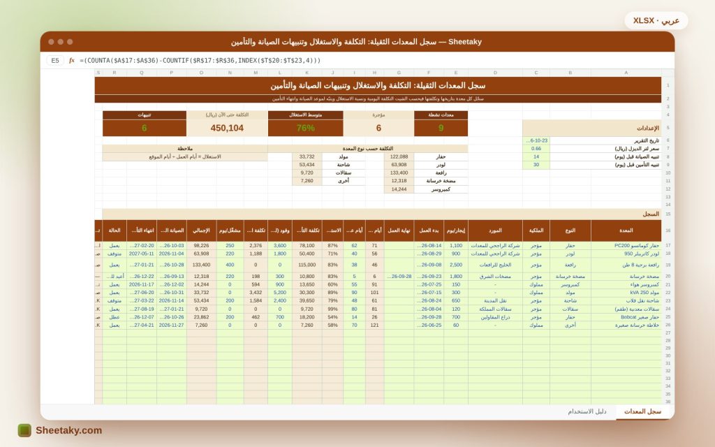 سجل المعدات الثقيلة في إكسل: التكلفة والاستغلال وتنبيهات الصيانة والتأمين
