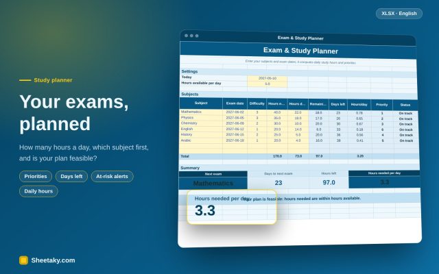 Exam Study Planner in Excel: Daily Hours and Subject Priorities