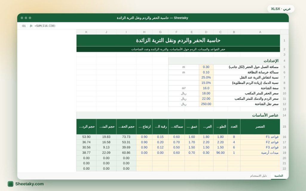 حاسبة الحفر والردم ونقل التربة الزائدة بالإكسل للقواعد والميدات