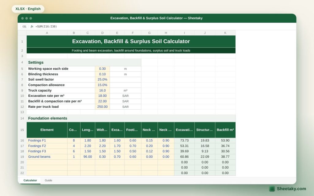 Excavation and Backfill Calculator in Excel for Footings and Ground Beams