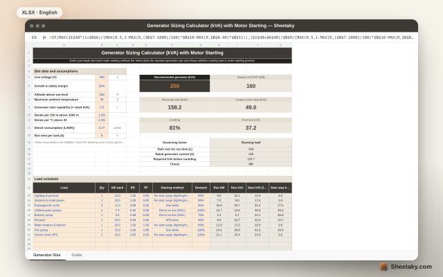 Generator Sizing Calculator in Excel: kVA with Motor Starting, Heat and Altitude Derating