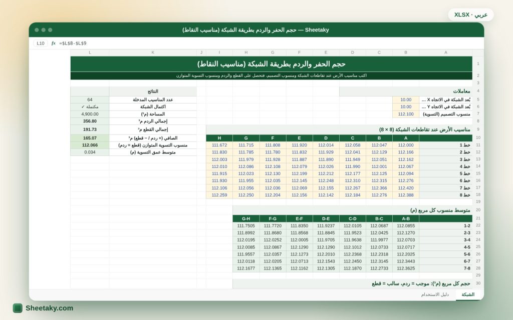 حساب حجم الحفر والردم بطريقة الشبكة المربعة في إكسل ومنسوب التسوية المتوازن