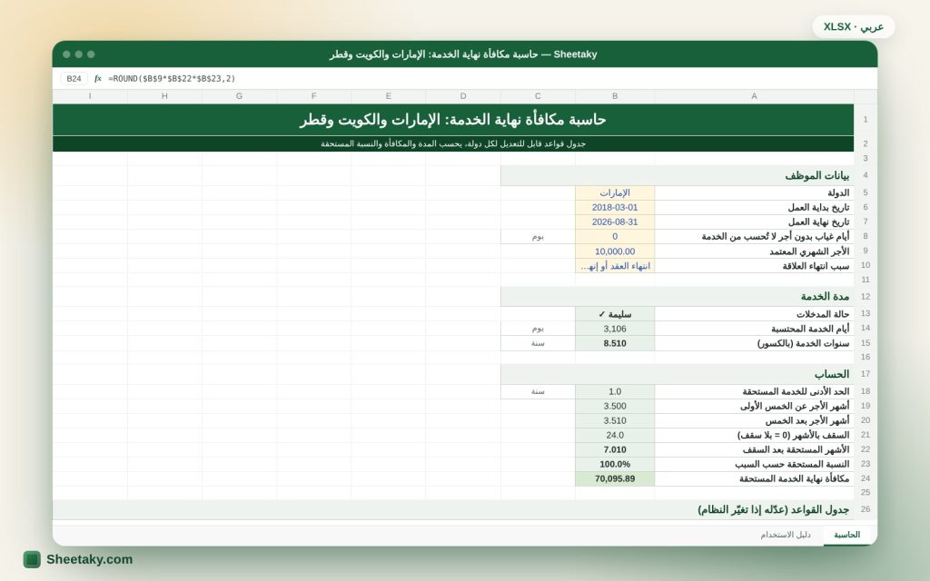 حاسبة مكافأة نهاية الخدمة بالإكسل: الإمارات والكويت وقطر بجدول قواعد قابل للتعديل