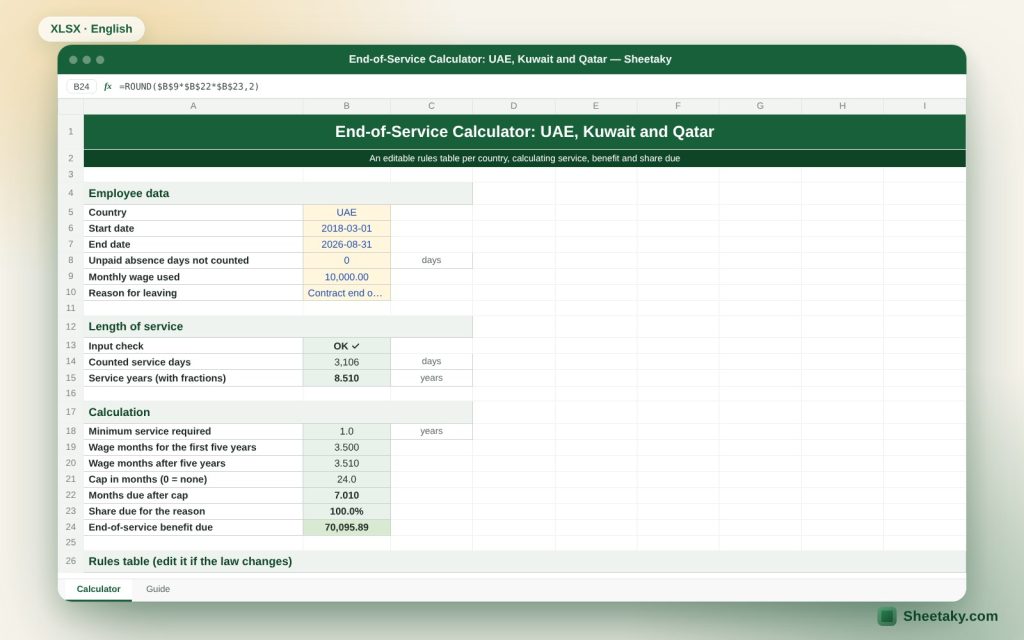 End-of-Service Calculator in Excel: UAE, Kuwait and Qatar with an Editable Rules Table