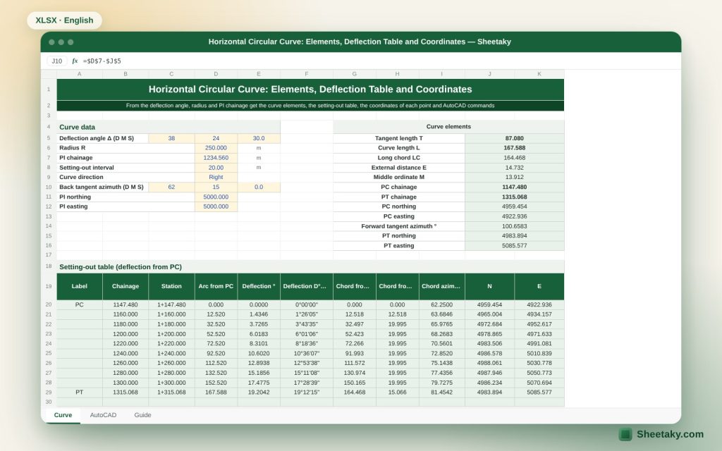 Horizontal Circular Curve Setting-Out in Excel: Curve Elements, Deflection Table and AutoCAD Commands