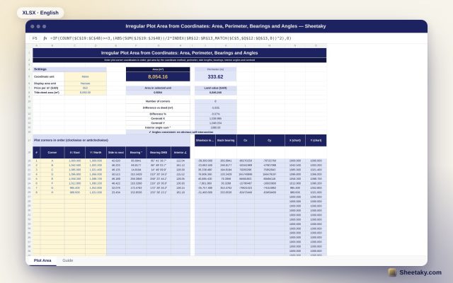 Irregular Plot Area from Coordinates in Excel: Area, Perimeter and Bearings
