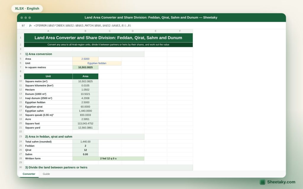 Land Area Units Converter and Share Division in Excel: Feddan, Qirat, Sahm, Dunum, Qasaba and Square Metres