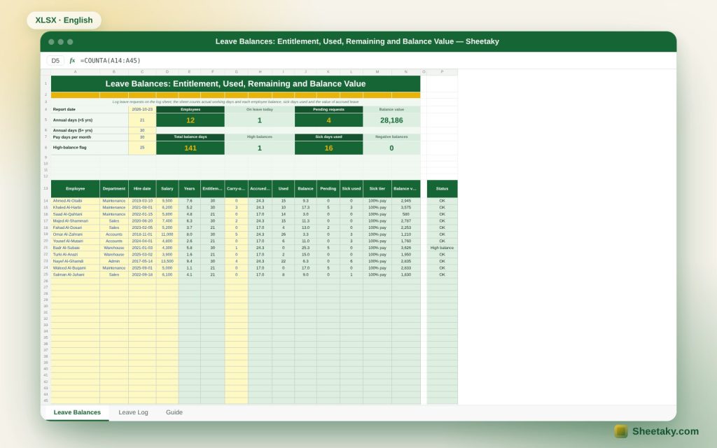 Leave Balance Tracker in Excel: Entitlement, Used, Remaining and Balance Value