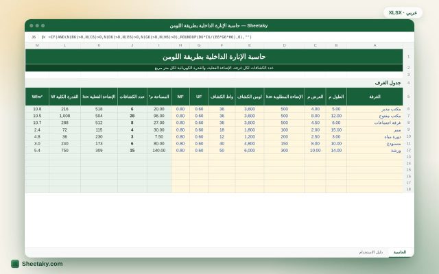 حاسبة الإنارة الداخلية بطريقة اللومن بالإكسل: عدد الكشافات لكل غرفة