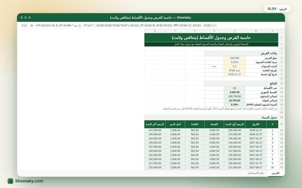 حاسبة القرض وجدول الأقساط بالإكسل: الفائدة الثابتة والمتناقصة والنسبة الفعلية