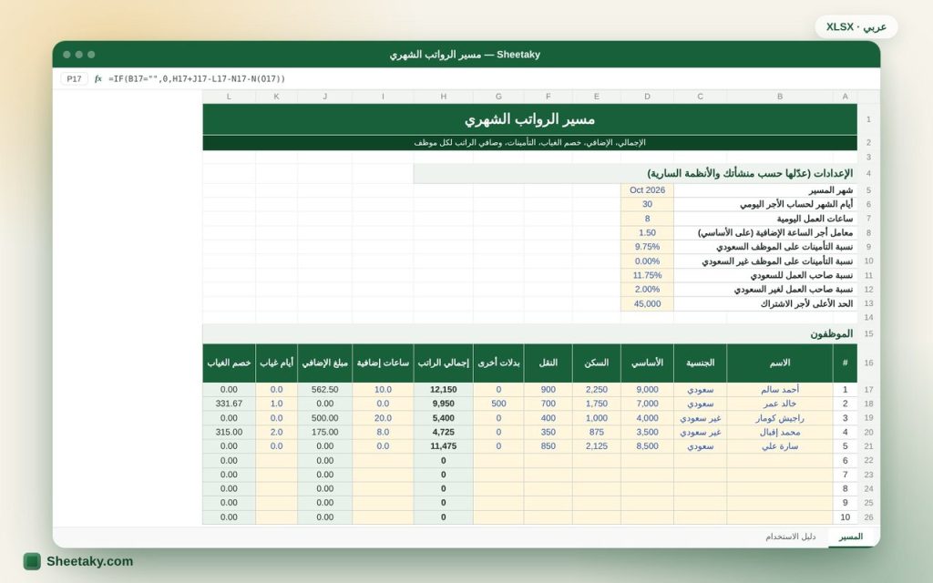 مسير رواتب شهري بالإكسل: الإضافي والغياب والتأمينات الاجتماعية وصافي الراتب