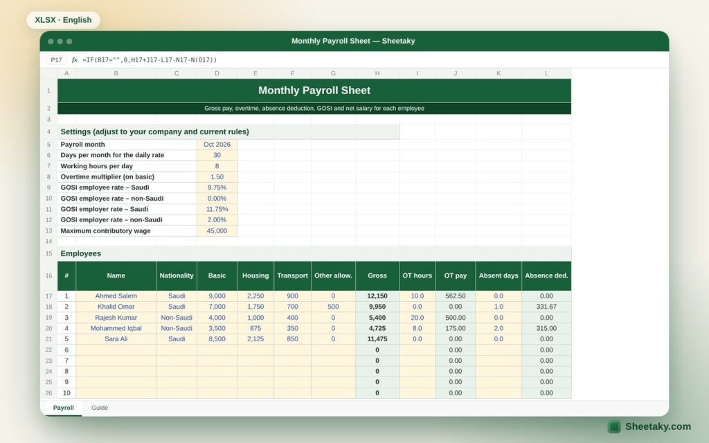 Monthly Payroll Sheet in Excel: Overtime, Absence, GOSI and Net Salary