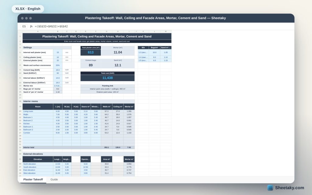 Plastering Takeoff in Excel: Wall, Ceiling and Facade Areas and Mortar