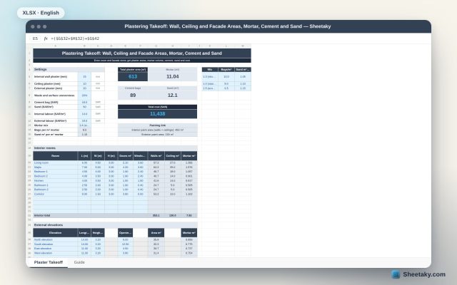 Plastering Takeoff in Excel: Wall, Ceiling and Facade Areas and Mortar