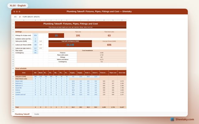 Plumbing Takeoff in Excel: Fixtures, Pipes, Fittings and Cost