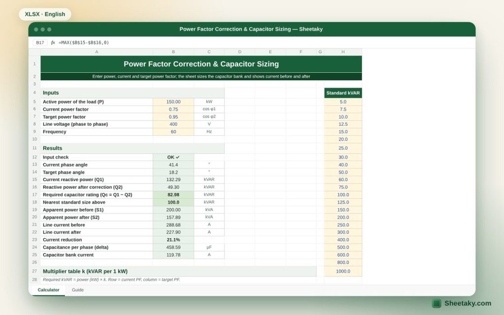 Power Factor Correction Calculator in Excel: Capacitor Bank Sizing (kVAR)