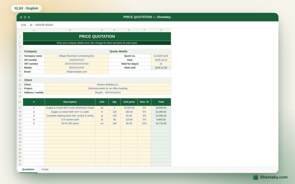 Professional Price Quotation Template in Excel with 15% VAT