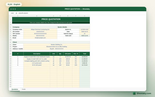 Professional Price Quotation Template in Excel with 15% VAT