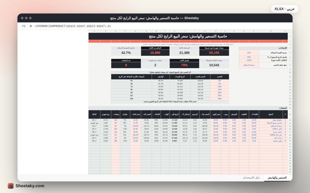 حاسبة التسعير وهامش الربح في إكسل: سعر البيع المربح لكل منتج