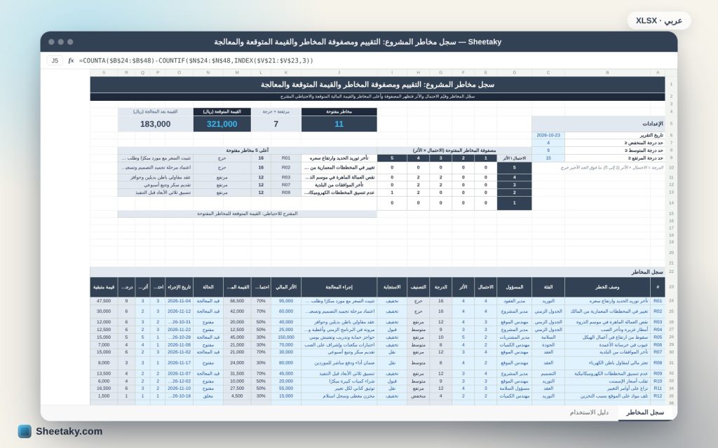 سجل مخاطر المشروع في إكسل: مصفوفة المخاطر والقيمة المتوقعة وخطة المعالجة
