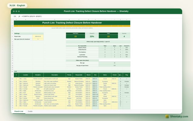 Punch List in Excel: Tracking Closure and Handover Readiness