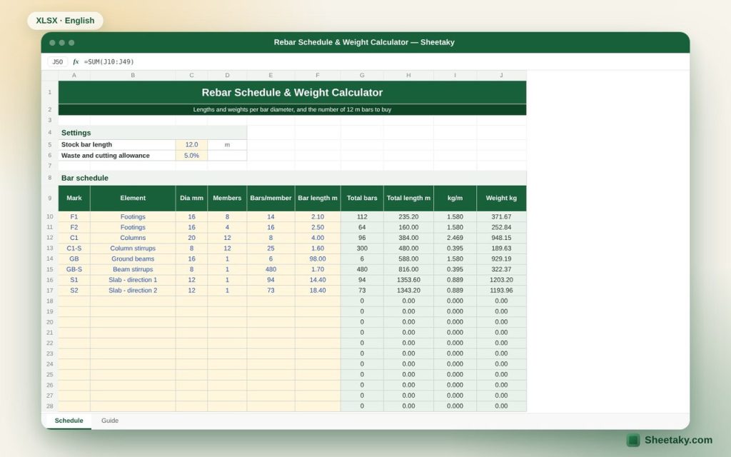 Rebar Schedule & Weight Calculator in Excel (Simple BBS)