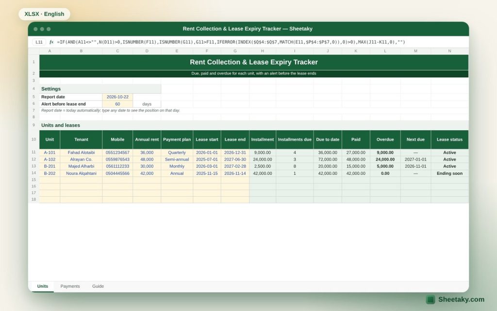 Rent Collection & Lease Expiry Tracker in Excel for Landlords