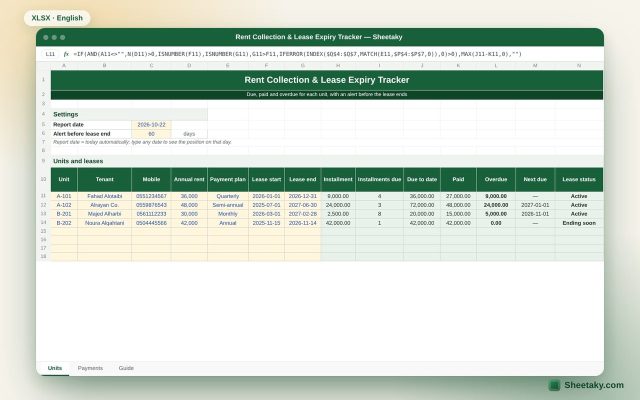 Rent Collection & Lease Expiry Tracker in Excel for Landlords