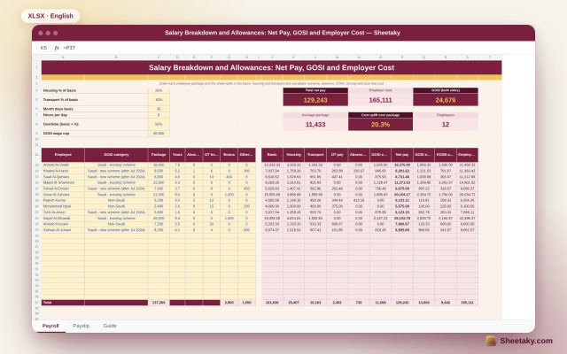 Salary Breakdown and Allowances Calculator in Excel: Net Pay, GOSI and Employer Cost