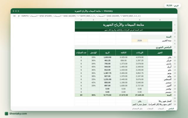 شيت متابعة المبيعات والأرباح الشهرية بالإكسل للمتاجر والمشاريع الصغيرة