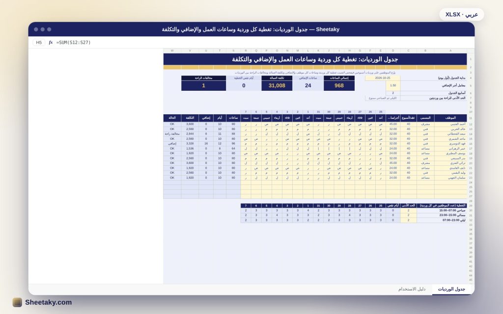 جدول الورديات في إكسل: تغطية كل وردية وساعات العمل والإضافي وتكلفة العمالة