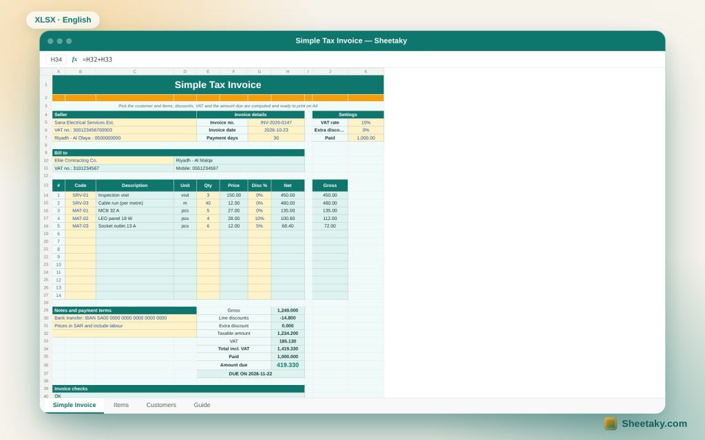 Simple Invoice Template in Excel: VAT, Discounts and the Amount Due