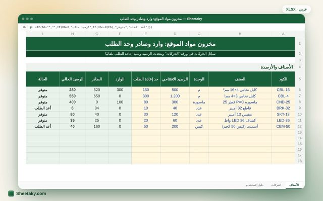 شيت مخزون مواد الموقع بالإكسل: وارد وصادر ورصيد وحد إعادة الطلب